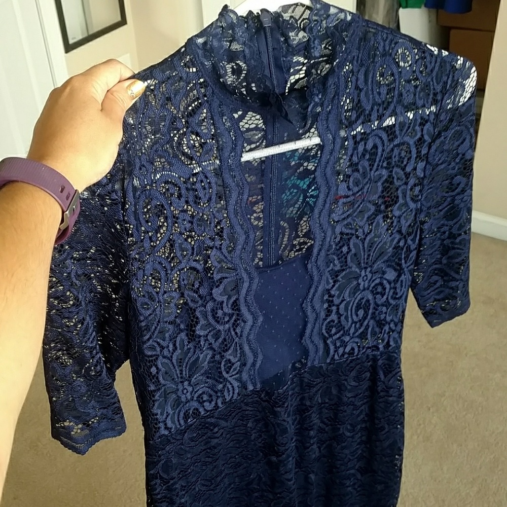 High neck Navy blue lace Midi
